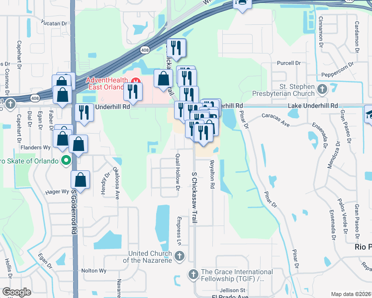 map of restaurants, bars, coffee shops, grocery stores, and more near 547 Pigeon Circle in Orlando
