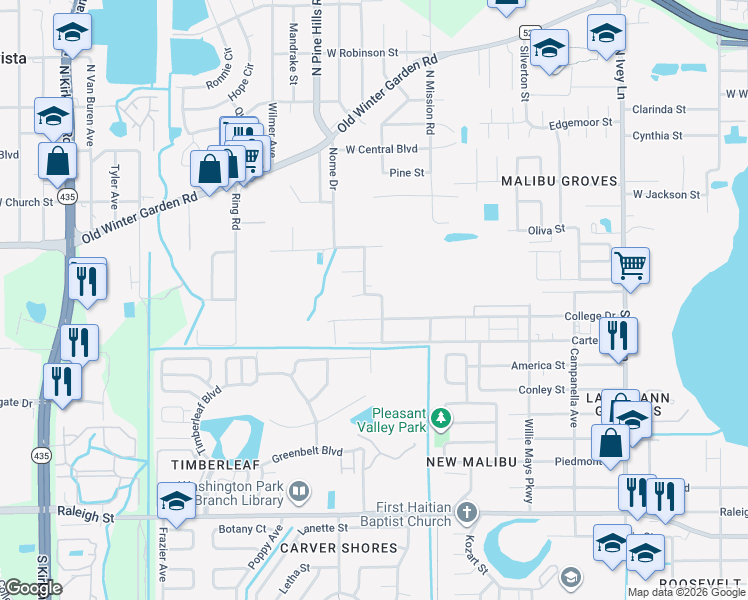 map of restaurants, bars, coffee shops, grocery stores, and more near 4928 Huppel Avenue in Orlando