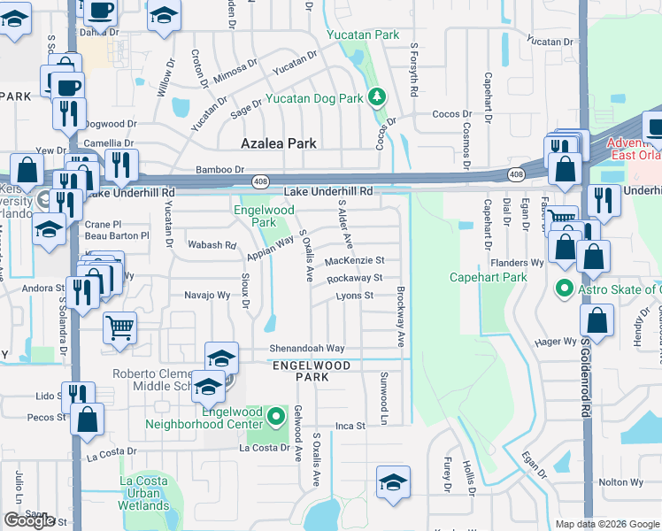 map of restaurants, bars, coffee shops, grocery stores, and more near 6305 Mackenzie Street in Orlando
