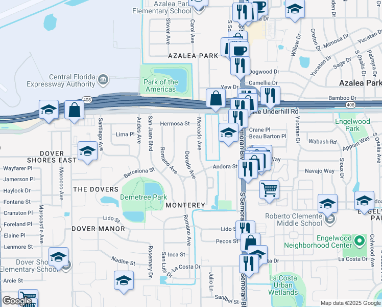 map of restaurants, bars, coffee shops, grocery stores, and more near 603 Dorado Avenue in Orlando