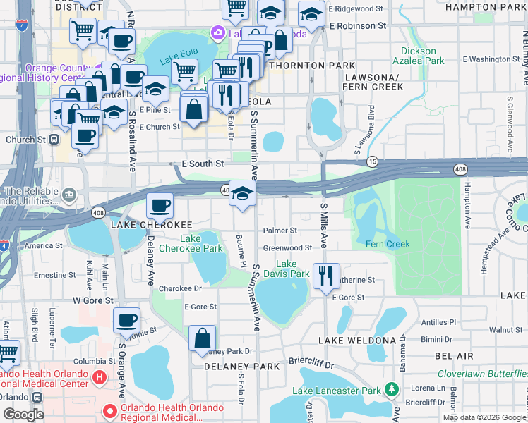 map of restaurants, bars, coffee shops, grocery stores, and more near 516 Daniels Avenue in Orlando