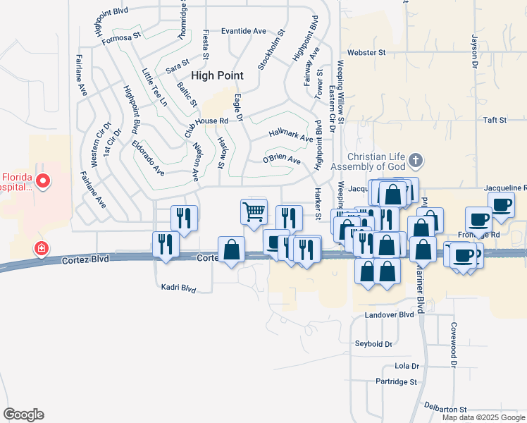 map of restaurants, bars, coffee shops, grocery stores, and more near 7413 Highline Drive in Brooksville