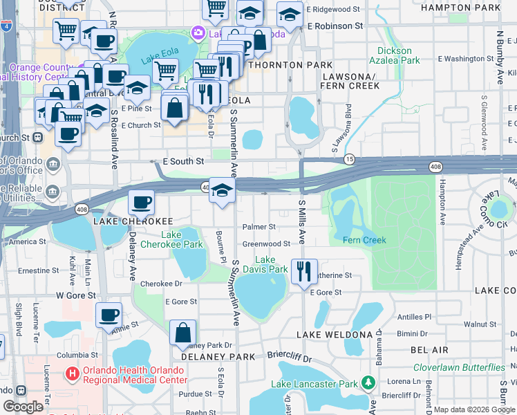 map of restaurants, bars, coffee shops, grocery stores, and more near 516 Daniels Avenue in Orlando