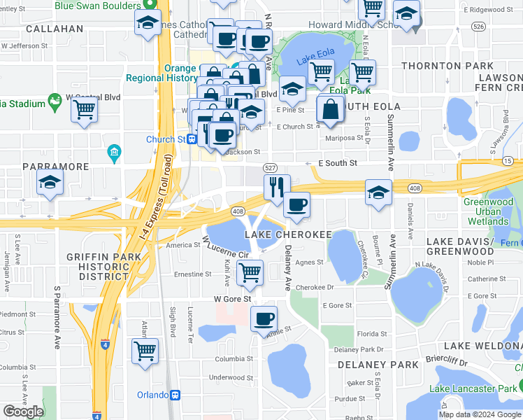 map of restaurants, bars, coffee shops, grocery stores, and more near 125 North Lucerne Circle East in Orlando