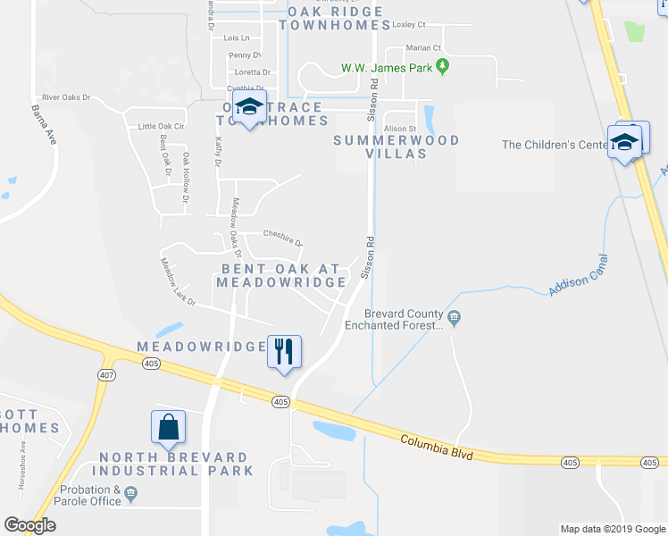 map of restaurants, bars, coffee shops, grocery stores, and more near Yearling Drive in Titusville