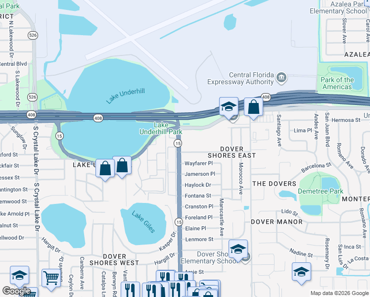 map of restaurants, bars, coffee shops, grocery stores, and more near 4503 Rockledge Road in Orlando
