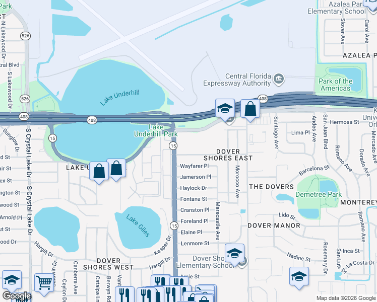 map of restaurants, bars, coffee shops, grocery stores, and more near 4503 Rockledge Road in Orlando