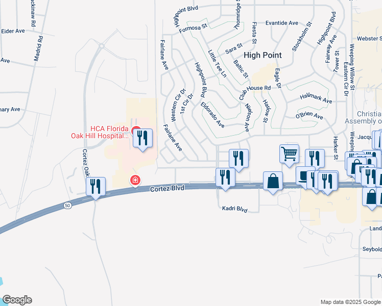 map of restaurants, bars, coffee shops, grocery stores, and more near 7331 Western Circle Drive in Brooksville
