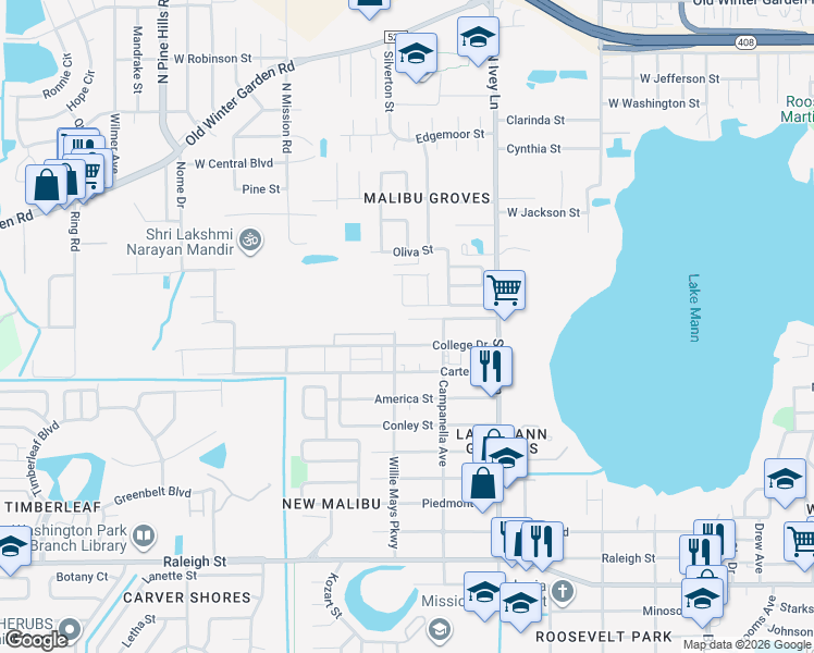 map of restaurants, bars, coffee shops, grocery stores, and more near 4548 Huppel Avenue in Orlando