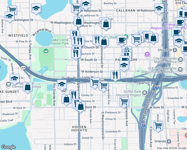 map of restaurants, bars, coffee shops, grocery stores, and more near 520 Boston Avenue in Orlando