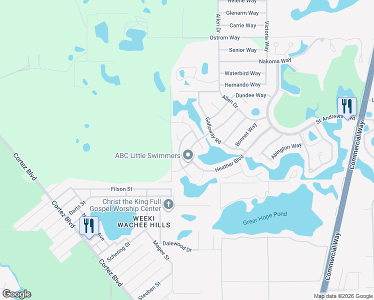 map of restaurants, bars, coffee shops, grocery stores, and more near 8642 Heather Boulevard in Spring Hill