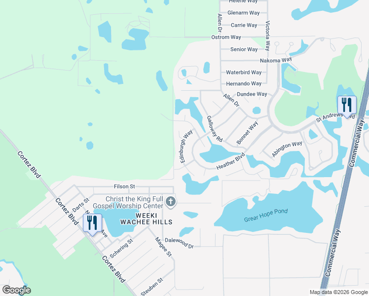 map of restaurants, bars, coffee shops, grocery stores, and more near 8642 Heather Boulevard in Spring Hill