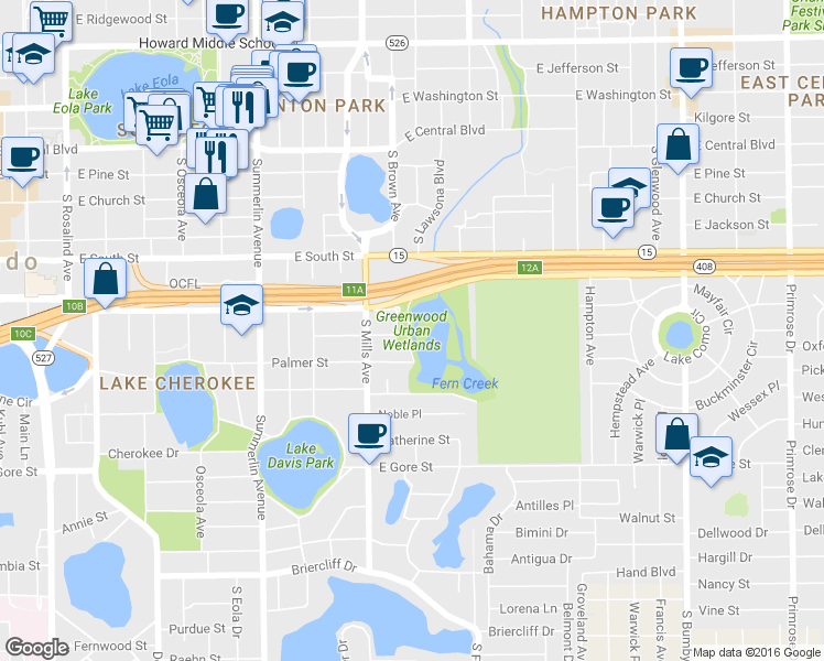 map of restaurants, bars, coffee shops, grocery stores, and more near 1411 Greenwood Street in Orlando