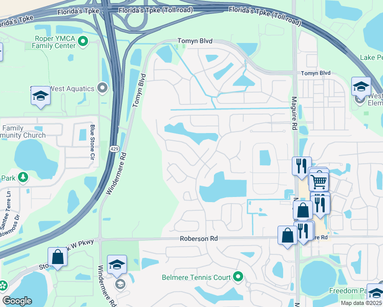 map of restaurants, bars, coffee shops, grocery stores, and more near 422 Emory Oak Street in Ocoee