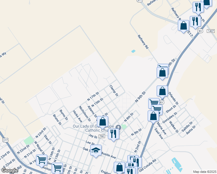 map of restaurants, bars, coffee shops, grocery stores, and more near 1510 Clamp Street in Carrizo Springs