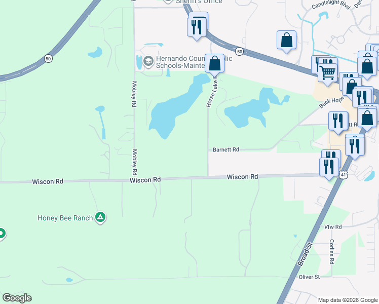 map of restaurants, bars, coffee shops, grocery stores, and more near 7356 Horse Lake Road in Brooksville