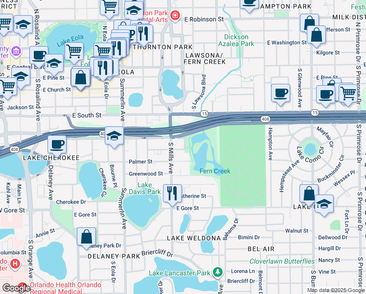 map of restaurants, bars, coffee shops, grocery stores, and more near 1223 Elmwood Street in Orlando