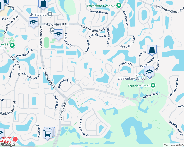 map of restaurants, bars, coffee shops, grocery stores, and more near 13537 Waterhouse Way in Orlando