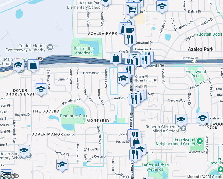 map of restaurants, bars, coffee shops, grocery stores, and more near 540 Verbena Court in Orlando