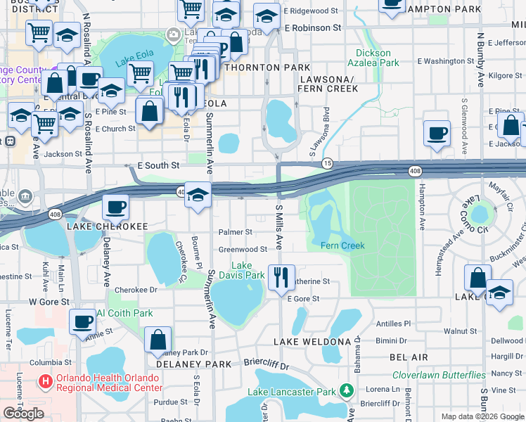 map of restaurants, bars, coffee shops, grocery stores, and more near 1123 Elmwood Street in Orlando