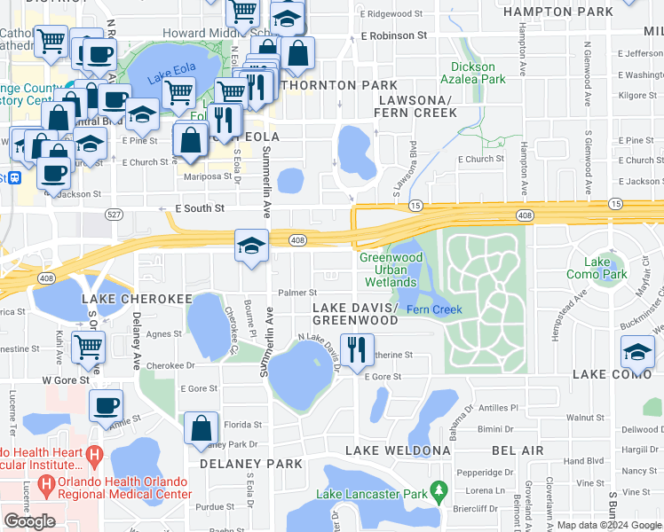 map of restaurants, bars, coffee shops, grocery stores, and more near 1005 Elmwood Street in Orlando