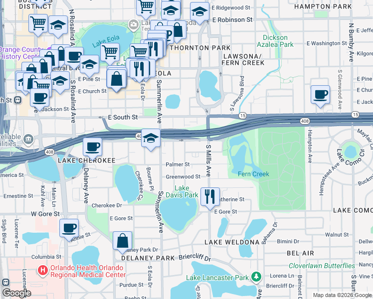 map of restaurants, bars, coffee shops, grocery stores, and more near 1005 Elmwood Street in Orlando