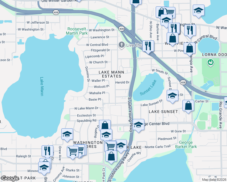 map of restaurants, bars, coffee shops, grocery stores, and more near 511 Eartha Lane in Orlando