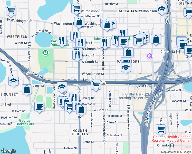 map of restaurants, bars, coffee shops, grocery stores, and more near 511 Boston Avenue in Orlando