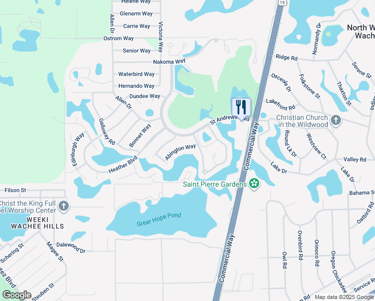 map of restaurants, bars, coffee shops, grocery stores, and more near 7474 Abington Way in Spring Hill