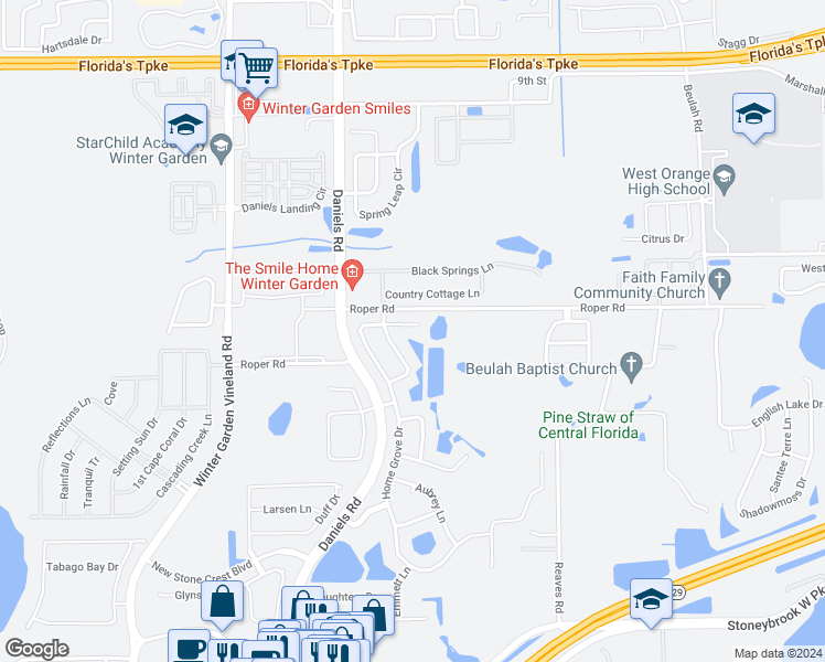 map of restaurants, bars, coffee shops, grocery stores, and more near 431 Home Grove Drive in Winter Garden