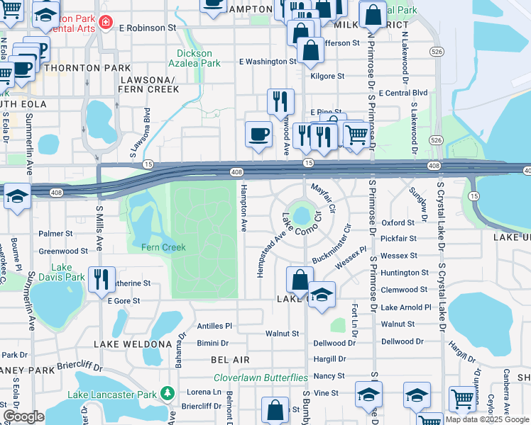 map of restaurants, bars, coffee shops, grocery stores, and more near 2121 Tangerine Street in Orlando