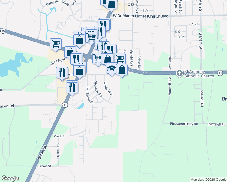 map of restaurants, bars, coffee shops, grocery stores, and more near 7248 Windy Way in Brooksville