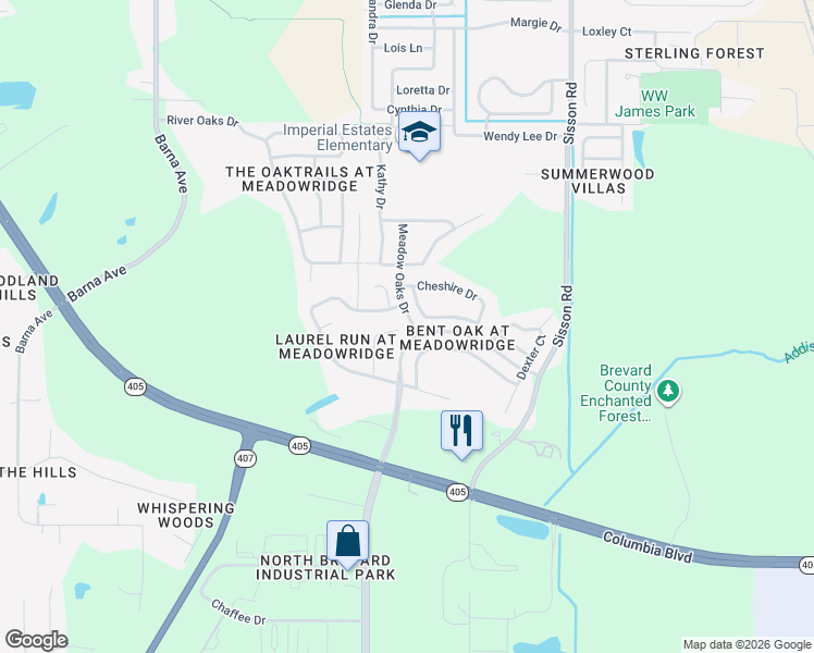 map of restaurants, bars, coffee shops, grocery stores, and more near 5800 Hummingbird Court in Titusville
