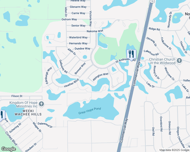 map of restaurants, bars, coffee shops, grocery stores, and more near 7427 Abington Way in Spring Hill