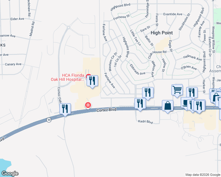 map of restaurants, bars, coffee shops, grocery stores, and more near 7358 1st Loop Avenue in Brooksville