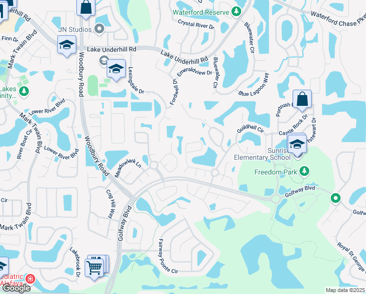 map of restaurants, bars, coffee shops, grocery stores, and more near 13537 Waterhouse Way in Orlando