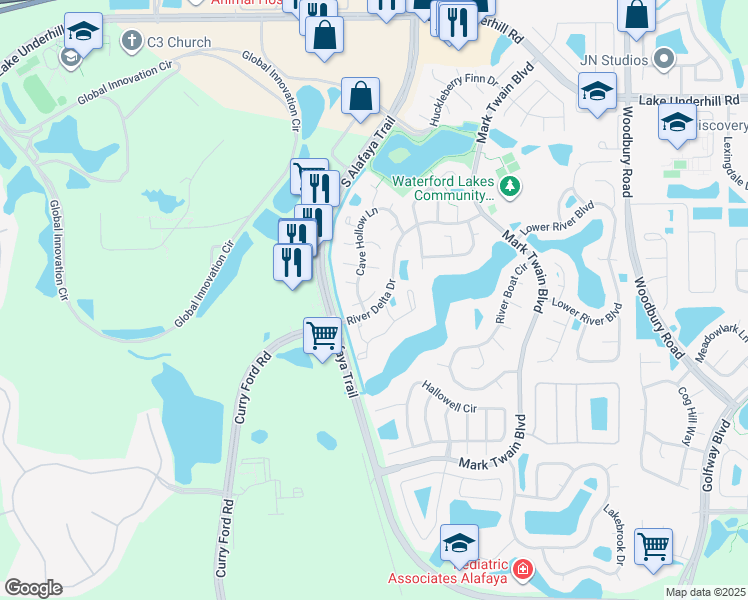 map of restaurants, bars, coffee shops, grocery stores, and more near 12218 Picket Fence Court in Orlando