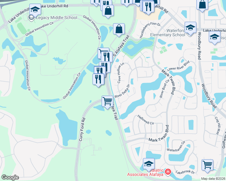 map of restaurants, bars, coffee shops, grocery stores, and more near 12105 Harkness Court in Orlando