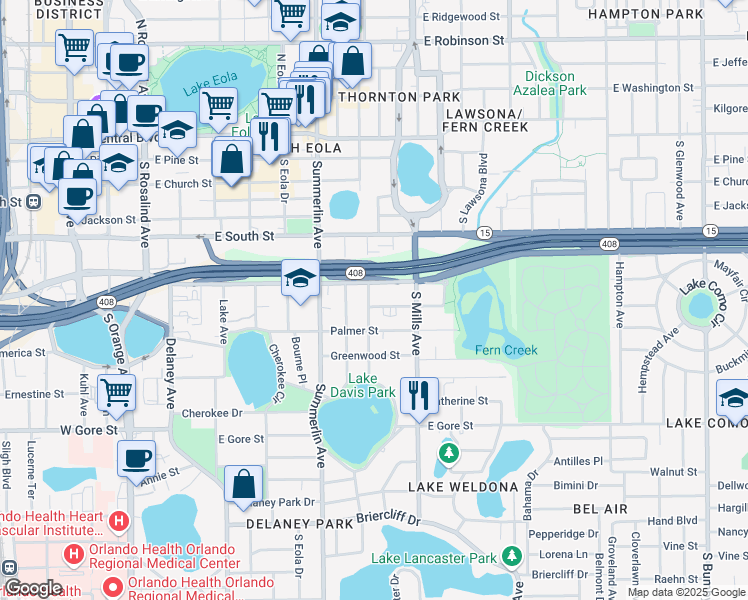 map of restaurants, bars, coffee shops, grocery stores, and more near 1005 Elmwood Street in Orlando