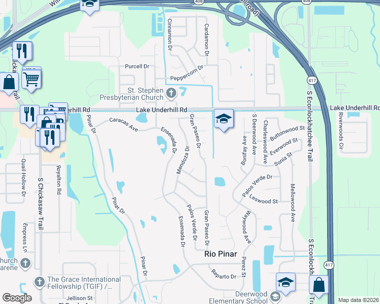 map of restaurants, bars, coffee shops, grocery stores, and more near 695 Mendoza Drive in Orlando