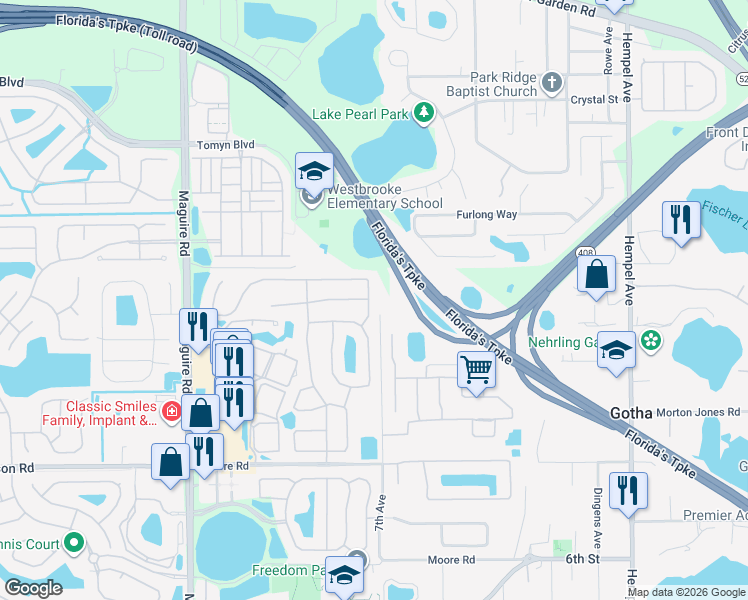map of restaurants, bars, coffee shops, grocery stores, and more near 620 Bridge Creek Boulevard in Ocoee