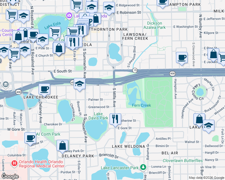 map of restaurants, bars, coffee shops, grocery stores, and more near 1123 Elmwood Street in Orlando