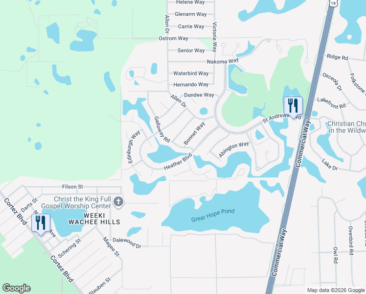 map of restaurants, bars, coffee shops, grocery stores, and more near 7179 Galloway Road in Weeki Wachee