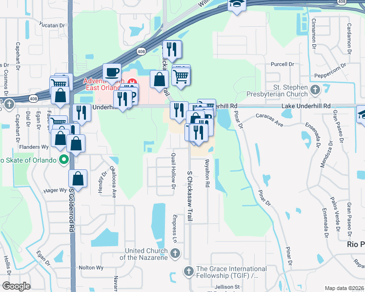 map of restaurants, bars, coffee shops, grocery stores, and more near 547 Pigeon Circle in Orlando