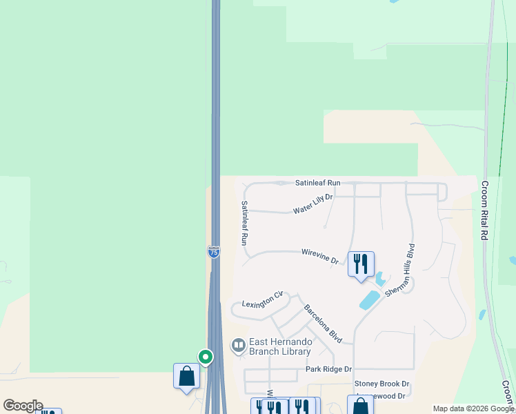 map of restaurants, bars, coffee shops, grocery stores, and more near 30745 Water Lily Drive in Brooksville