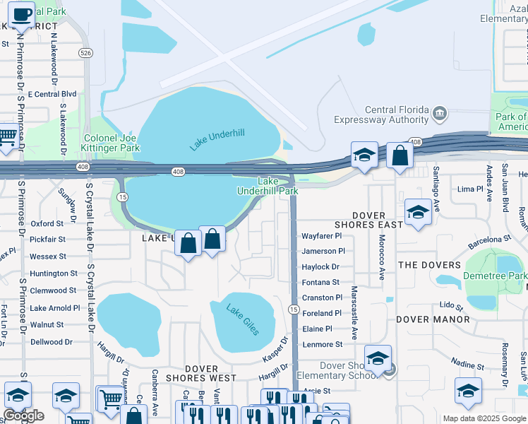 map of restaurants, bars, coffee shops, grocery stores, and more near 4306 Lake Underhill Road in Orlando