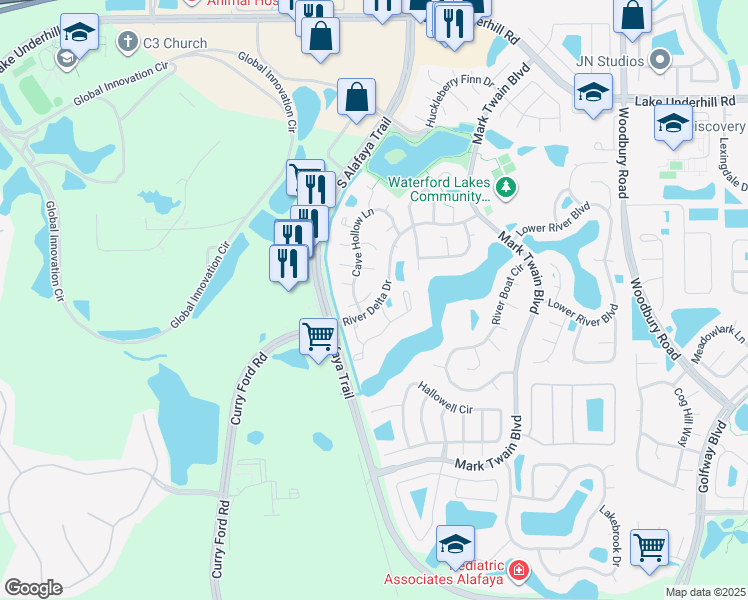 map of restaurants, bars, coffee shops, grocery stores, and more near 12218 Picket Fence Court in Orlando