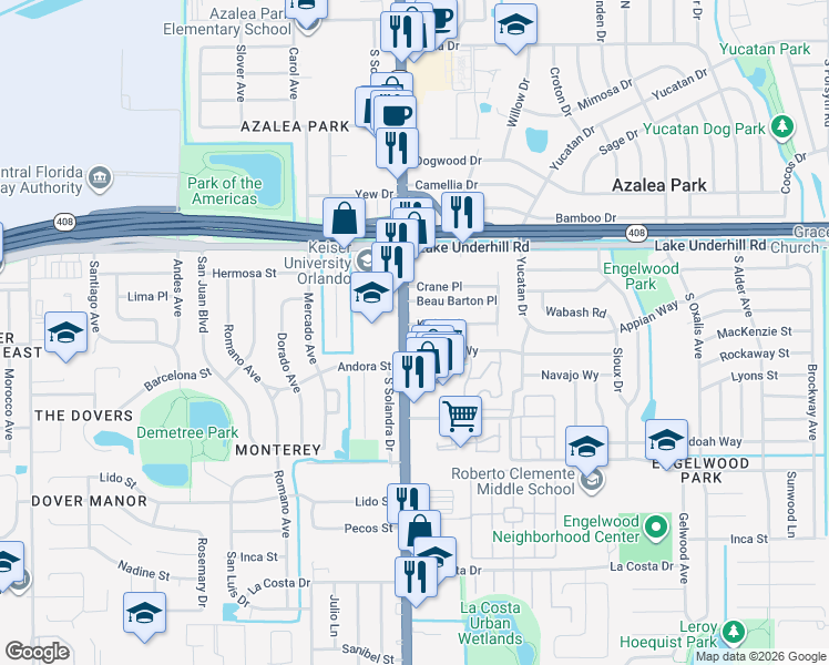 map of restaurants, bars, coffee shops, grocery stores, and more near in Orlando