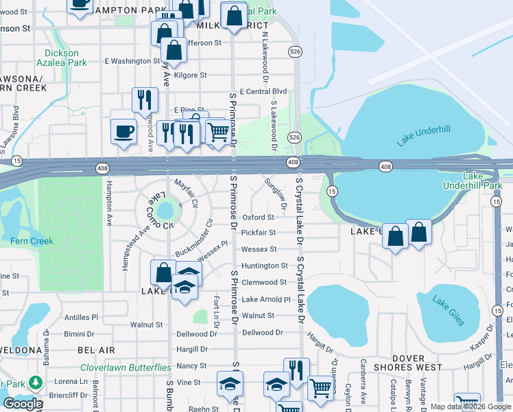 map of restaurants, bars, coffee shops, grocery stores, and more near 533 Sunrise Drive in Orlando