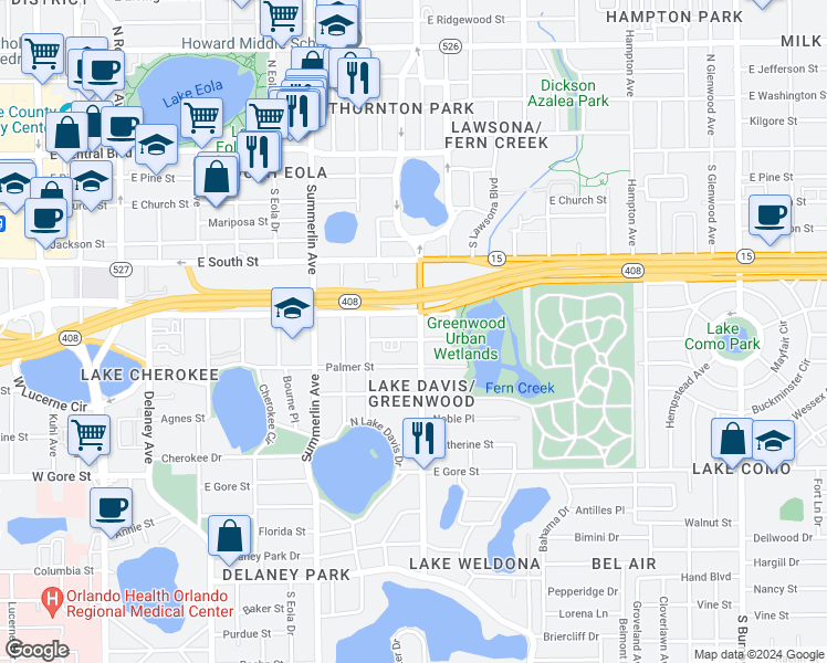 map of restaurants, bars, coffee shops, grocery stores, and more near 1123 Elmwood Street in Orlando